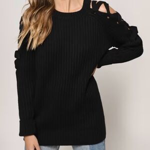 Tobi Vana Lace Up Shoulder Sweater Black Medium